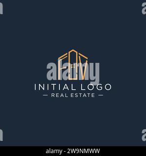 Logo FV iniziale con forma astratta della casa, logo immobiliare di lusso e moderno grafica vettoriale Illustrazione Vettoriale