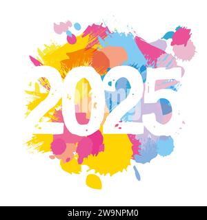 Felice icona delle vacanze 2025 con punti acquerelli. Concetto creativo. Logo del nuovo anno. Banner Web. Design colorato. Sfondo astratto. Illustrazione vettoriale. Illustrazione Vettoriale