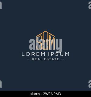 Logo SM iniziale con forma astratta della casa, grafica vettoriale di design moderno e di lusso del logo immobiliare Illustrazione Vettoriale