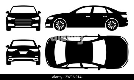 Silhouette di auto su sfondo bianco. Icone del veicolo imposta vista dal lato anteriore, posteriore e superiore Illustrazione Vettoriale