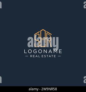 Logo SR con lettera iniziale con forma astratta della casa, grafica vettoriale di design moderno e lussuoso del logo immobiliare Illustrazione Vettoriale