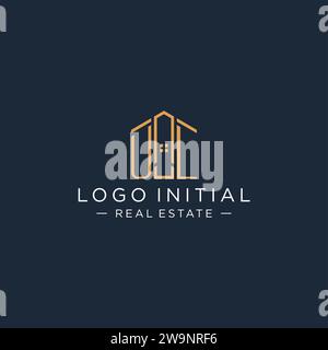 Logo UL iniziale con forma astratta della casa, grafica vettoriale di design moderno e lussuoso del logo immobiliare Illustrazione Vettoriale