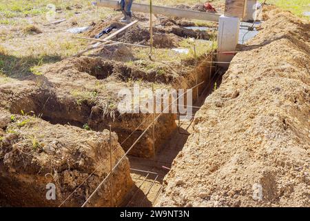 In preparazione al versamento di calcestruzzo nelle fondamenta, si stanno scavando trincee Foto Stock