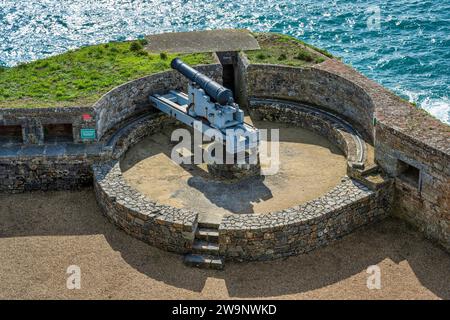 Vista dall'alto verso sud o Water Battery su Castle Cornet a St Peter Port, Guernsey, Isole del Canale Foto Stock