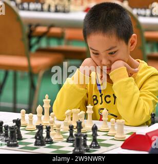 Hastings, Regno Unito. 29 dicembre 2023. Han, Qixiang durante il Caplin Hastings International Chess Congress a Horntye Park, Hastings, East Sussex, Regno Unito. Crediti: LFP/Alamy Live News Foto Stock