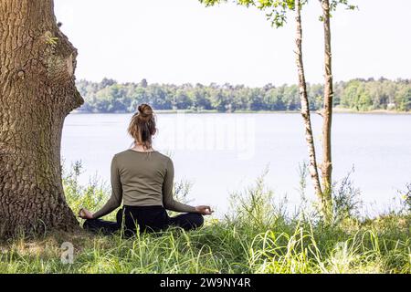 Una giovane donna trova la pace interiore mentre pratica lo yoga nel cuore della natura. Seduto graziosamente sulla lussureggiante erba verde accanto a un maestoso albero e a un tranquillo lago forestale, si impegna in una sessione di meditazione che la collega con l'essenza rilassante del mondo naturale. Meditazione serena nella natura. Foto di alta qualità Foto Stock