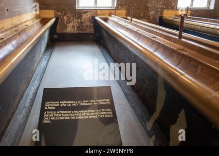 Sistemazione per internati, comprese zone notte e bagni nei campi di concentramento di Auschwitz e Birkenau, Polonia Foto Stock