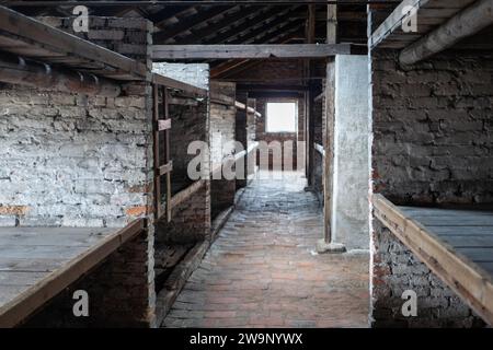 Sistemazione per internati, comprese zone notte e bagni nei campi di concentramento di Auschwitz e Birkenau, Polonia Foto Stock