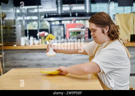 giovane donna con sindrome di down, che tiene un vaso con fiori e pulisce un tavolo con uno straccio in un bar moderno Foto Stock