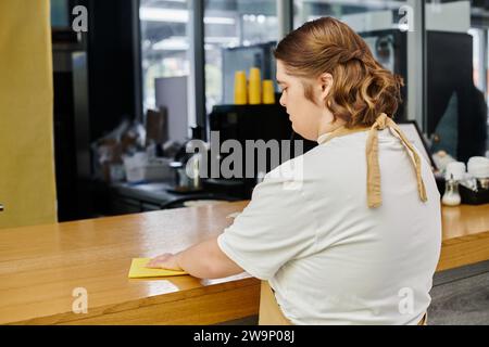 giovane dipendente donna con sindrome di down che lavora in un bar moderno e ripulisce il bancone con lo straccio Foto Stock