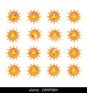 Set di soli. Le emozioni sono soli diversi. Facce gialle. Emoji. Illustrazione vettoriale su sfondo bianco Illustrazione Vettoriale