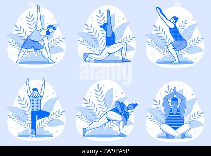 Diversi uomini in Line Art che fanno yoga Illustrazione Vettoriale