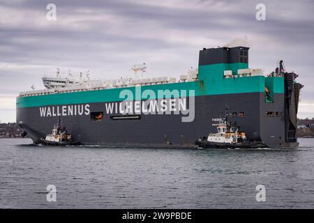 Wallenius Wilhelmsen roll-on - roll-off veicolo che trasporta la nave da carico Theben in arrivo ad Halifax, nuova Scozia, Canada. Foto Stock