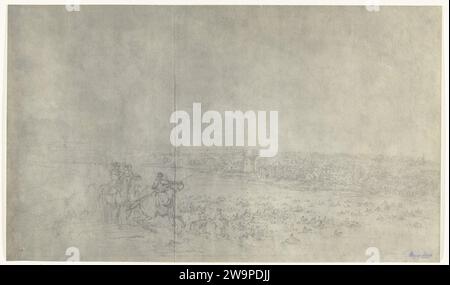 Traversata del Reno, 1672, 1900 - 1903 Fotografia di un disegno di attraversamento del Reno nei pressi di Tolhuis vicino a Lobith dell'esercito francese al comando di Luigi XIV il 12 giugno 1672. Parte di una serie di foto di disegni di città conquistate durante l'invasione francese dei Paesi Bassi nel 1672. Stampa francese in gelatina argento che attraversa un fiume. Movimenti di truppe, pedaggio per il trasporto Foto Stock