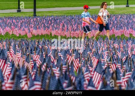 I turisti che camminano attraverso il campo di bandiere degli Stati Uniti nel parco pubblico che onorano gli eroi della guerra. Foto Stock