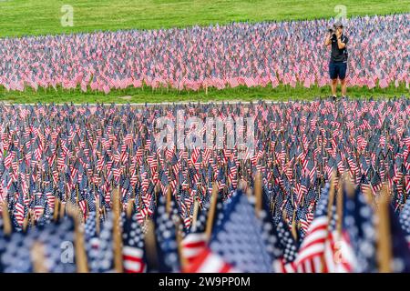 Fotografare il campo di bandiere degli Stati Uniti nel parco pubblico in onore degli eroi di guerra. Foto Stock