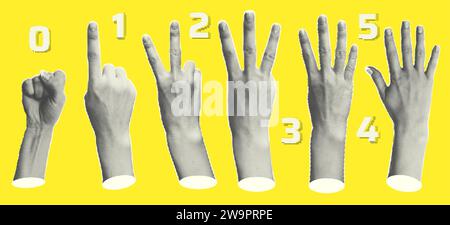 Imposta le lancette delle statue in mezzitoni che mostrano gesti che contano da zero a cinque elementi collage creativi isolati su uno sfondo giallo, stile rivista Cut Illustrazione Vettoriale