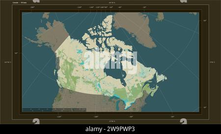 Il Canada è evidenziato su una mappa topografica in stile umanitario OSM con la capitale del paese, la griglia cartografica, la scala di distanza e il confine della mappa Foto Stock