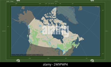 Il Canada è evidenziato su una mappa topografica in stile OSM Germania con la capitale del paese, la griglia cartografica, la scala di distanza e il confine della mappa Foto Stock