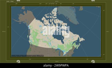 Canada evidenziato su una mappa topografica in stile standard OSM con la capitale del paese, la griglia cartografica, la scala di distanza e il confine della mappa Foto Stock