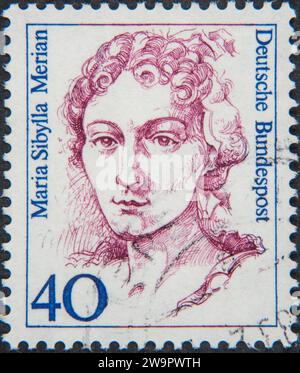 Maria Sibylla Merian, 1647 – 1717, entomologa tedesca, naturalista e illustratrice scientifica. Ritratto su un francobollo tedesco Foto Stock