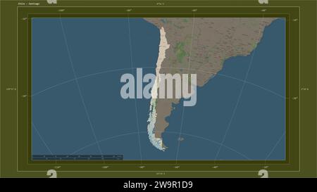 Il Cile è evidenziato su una mappa topografica in stile standard OSM con la capitale del paese, la griglia cartografica, la scala di distanza e il confine della mappa Foto Stock