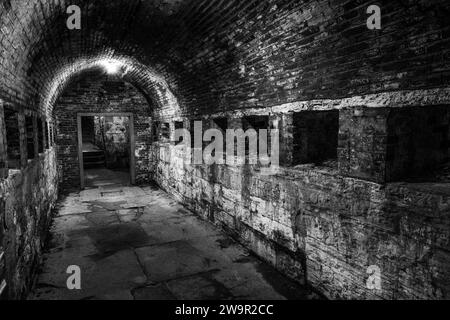 Tunnel sotterranei di Fort Charlotte su George's Island, parte delle vecchie difese britanniche per la città di Halifax, nuova Scozia, Canada. Foto Stock