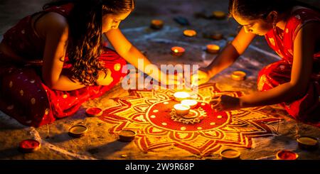 Sorelle che illuminano lampade a olio o diya per Diwali Foto Stock