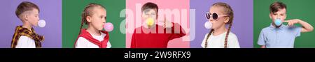 Simpatici bambini che soffiano gomme da bolla su sfondi a colori, set di foto Foto Stock