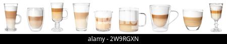 Delizioso latte macchiato in diversi bicchieri su sfondo bianco, set Foto Stock