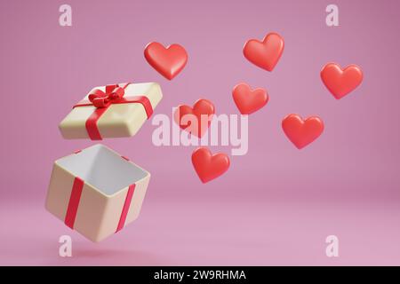 Apri la confezione regalo con cuori rossi isolati su sfondo rosa. illustrazione 3d. Foto Stock