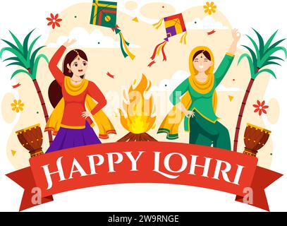 Happy Lohri Festival of Punjab India Vector Illustration of Playing Dance and Celebration Bonfire with batteria and Kites in Flat Cartoon background Illustrazione Vettoriale