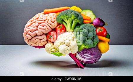 Cervello umano fatto di varietà di verdure colorate, concetto di vegetariano, vegano, nutrizione sana Foto Stock