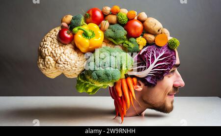 Cervello umano fatto di varietà di verdure colorate, concetto di vegetariano, vegano, nutrizione sana Foto Stock