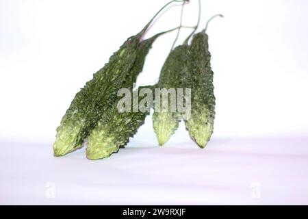 Zucche verdi , zucche amara su sfondo bianco Foto Stock