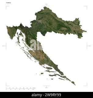 Forma di una mappa satellitare a bassa risoluzione della Croazia, con scala di distanza e coordinate di confine della mappa, isolata su bianco Foto Stock