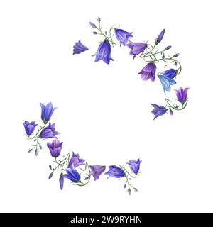 Corona con fiori di campanula viola blu e foglie verdi. Piante di prato, harebell. Composizione con spazio di copia per il testo. Illustrazione acquerello Foto Stock