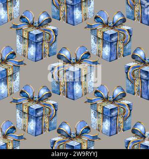 Modello senza cuciture con regali di Natale e Capodanno. acquerello. Colore grigio, blu, oro Foto Stock