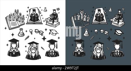 Vettore di diversi giovani studenti che celebrano la loro laurea con cappello da diploma. imposta illustrazione disegno a righe Illustrazione Vettoriale