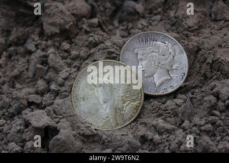 Due dollari di Pace d'argento da 1922 dollari sul terreno in sporcizia. Tesoro trovare Foto Stock