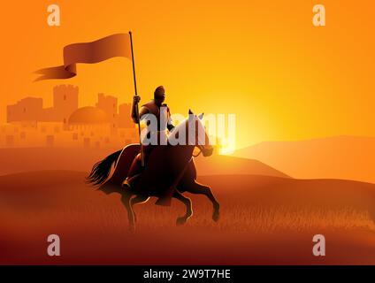 Silhouette vettoriale di un cavaliere medievale su un cavallo che porta un bandiera sulla scena drammatica Illustrazione Vettoriale