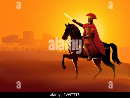 Illustrazione vettoriale di Gaio Giulio Cesare a cavallo preparati a conquistare una città Illustrazione Vettoriale