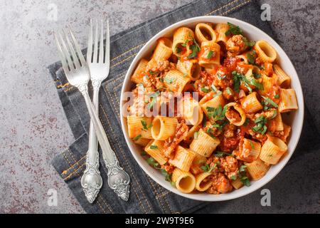 Mezze maniche alla bolognese con manzo macinato, pomodori, verdure ed erbe da vicino in un piatto sul tavolo. Vista superiore orizzontale dall'alto Foto Stock