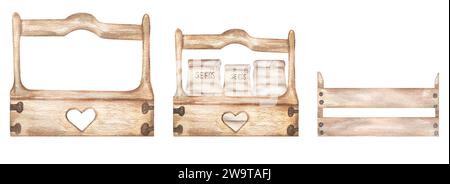Acquerello disegnare a mano scatole di legno, set illustrativo. Foto Stock