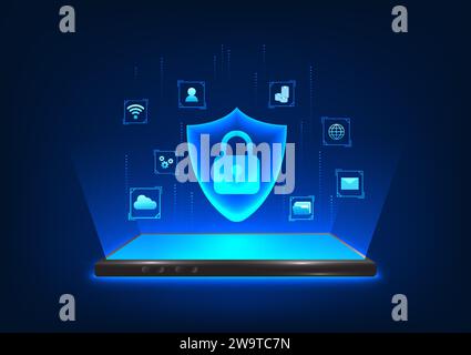 La tecnologia di sicurezza informatica background, la tecnologia di protezione dei dati informatici del sistema smartphone protegge il centro da perdite o furti. Smartphone S Illustrazione Vettoriale