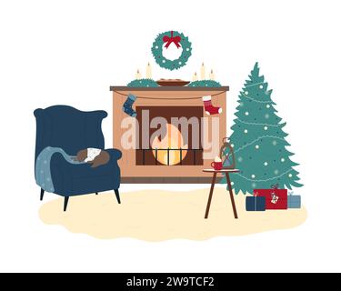 Accogliente interno con caminetto natalizio. Calda atmosfera natalizia invernale illustrazione vettoriale dei cartoni animati Illustrazione Vettoriale