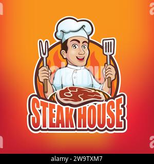 Mascotte con logo dello chef della Steak House Illustrazione Vettoriale