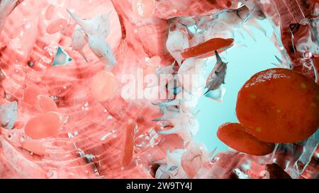 Emostasi. Globuli rossi e piastrine nel vaso sanguigno, vasocostrizione, processo di guarigione delle ferite. Embolie coagulanti emorragiche, emofilia. fibrino Foto Stock