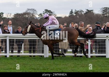 Ascot, Regno Unito. 23 dicembre 2023. Horse Harper's Brooke (IRE), guidata dal fantino Kielan Woods, conduce nel Howden handicap Steeple Chase all'ippodromo di Ascot durante l'Howden Christmas Racing Weekend Meeting. Proprietario dei Megson. Addestratore Ben Pauling, Naunton. Sponsor Fitzdares. Credito: Maureen McLean/Alamy Foto Stock