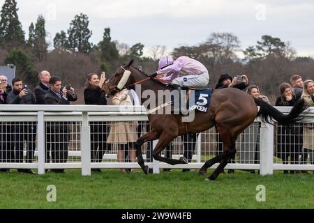 Ascot, Regno Unito. 23 dicembre 2023. Horse Harper's Brooke (IRE), guidata dal fantino Kielan Woods, conduce nel Howden handicap Steeple Chase all'ippodromo di Ascot durante l'Howden Christmas Racing Weekend Meeting. Proprietario dei Megson. Addestratore Ben Pauling, Naunton. Sponsor Fitzdares. Credito: Maureen McLean/Alamy Foto Stock